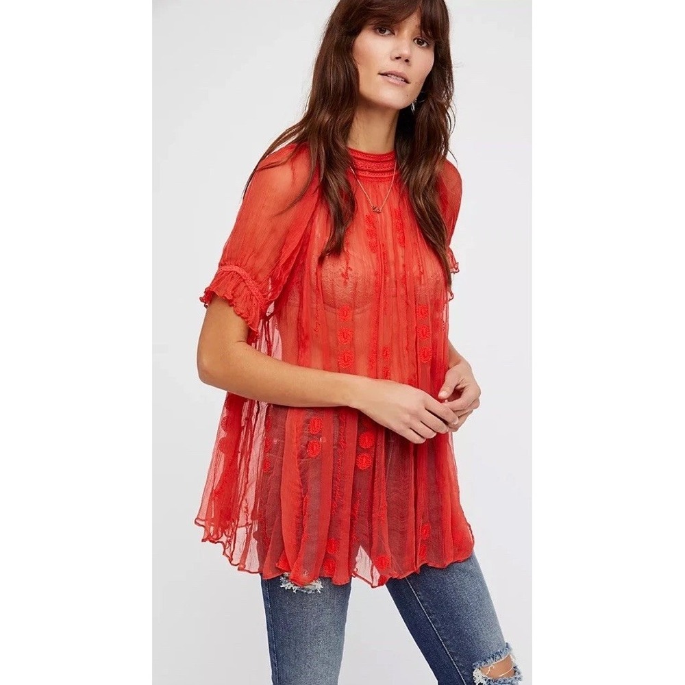 Free People Bonjour Mon Amour Top Sheer Crinkle Medium Blouse Boho Chic Coquette